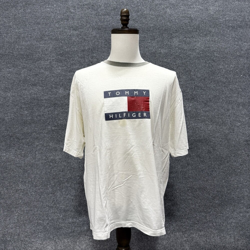 Vintage Tommy Hilfiger Flag Logo T-Shirt Men’s XXL White Gray Ringer 90s Y2K